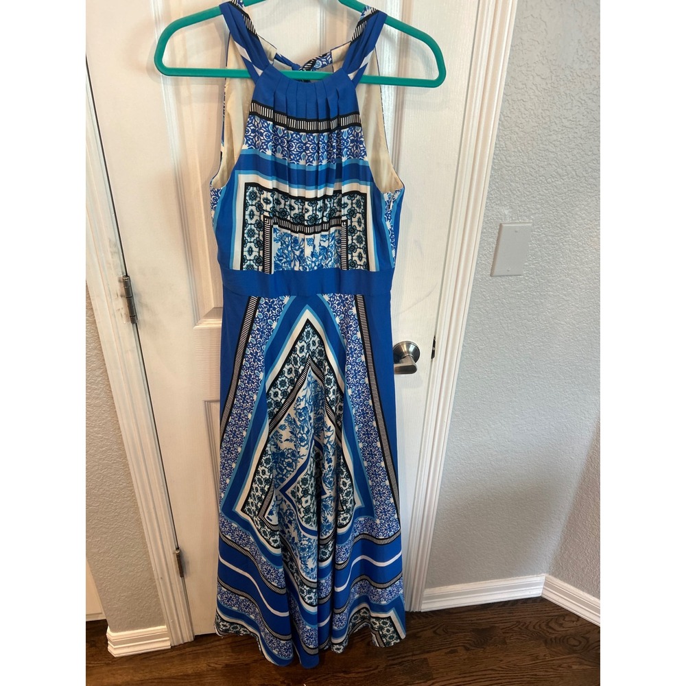 Eliza J Maxi Dress Blue White Geometric Tile Print Halter Neck Scarf‎ Print Boho